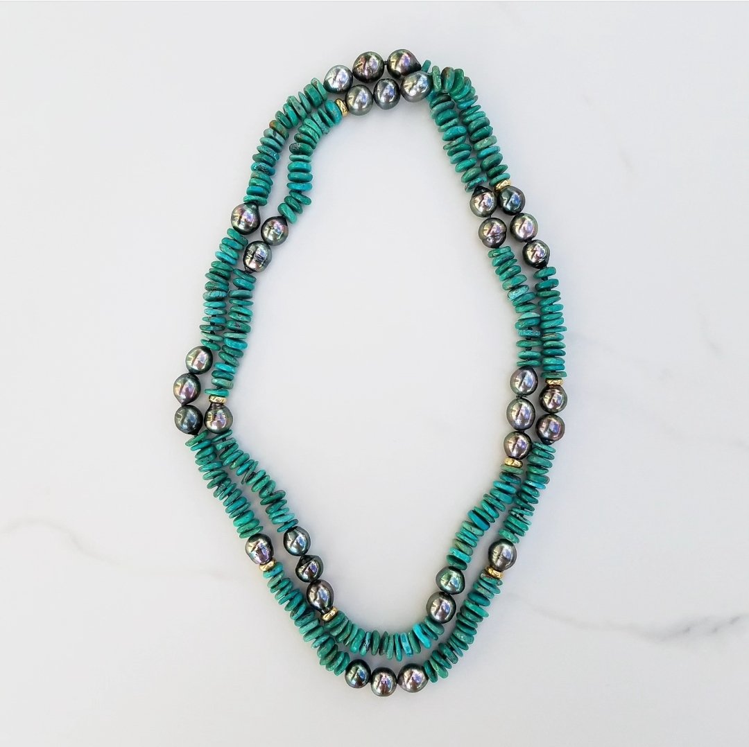 Tahitian Pearl & Green Turquoise Helix Necklace