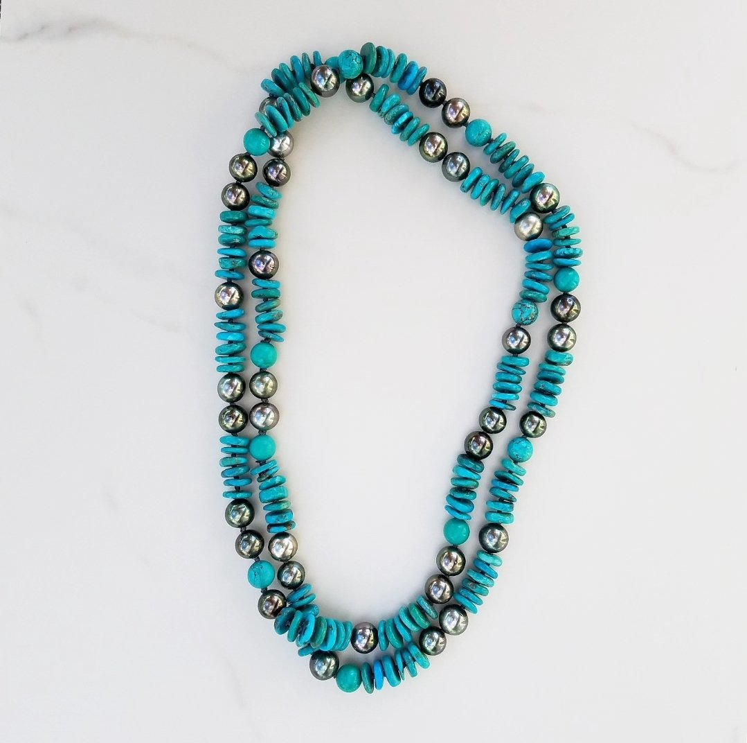 Double Turquoise & Tahitian Pearl Helix Necklace 