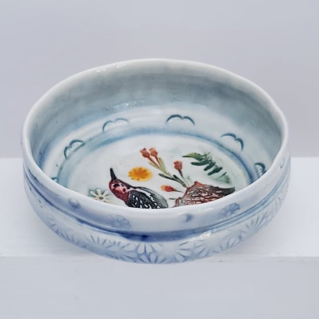 Woodpecker on Stump Porcelain Dish