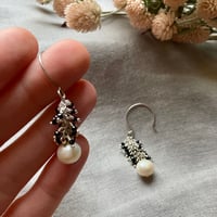 Image 2 of Freshwater Pearl Black Garnet Sterling Silver Hoop Earrings