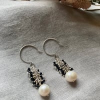 Image 1 of Freshwater Pearl Black Garnet Sterling Silver Hoop Earrings