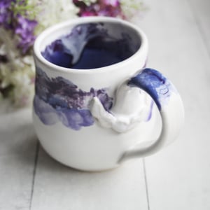 Image of Handmade Pottery Mug in White and Purple Dripping Glaze, 16 oz. Coffee Cup, Made in USA