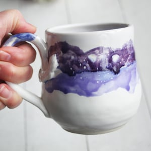 Image of Handmade Pottery Mug in White and Purple Dripping Glaze, 16 oz. Coffee Cup, Made in USA