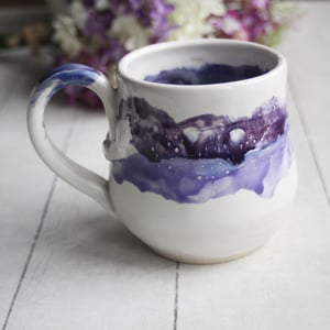 Image of Handmade Pottery Mug in White and Purple Dripping Glaze, 16 oz. Coffee Cup, Made in USA