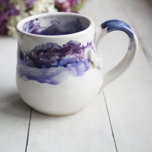 Image of Handmade Pottery Mug in White and Purple Dripping Glaze, 16 oz. Coffee Cup, Made in USA