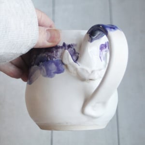 Image of Handmade Pottery Mug in White and Purple Dripping Glaze, 16 oz. Coffee Cup, Made in USA