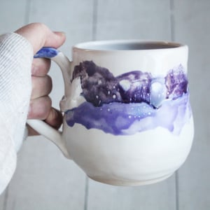 Image of Handmade Pottery Mug in White and Purple Dripping Glaze, 16 oz. Coffee Cup, Made in USA