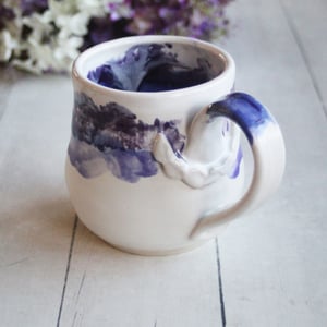 Image of Handmade Pottery Mug in White and Purple Dripping Glaze, 16 oz. Coffee Cup, Made in USA