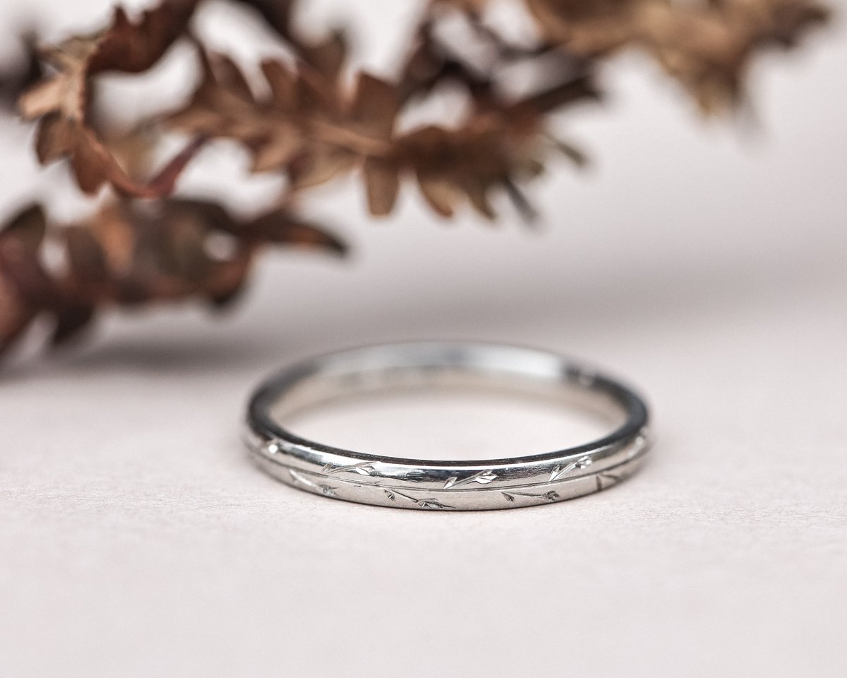 Image of Platinum 2mm Pressed flower engraved ring