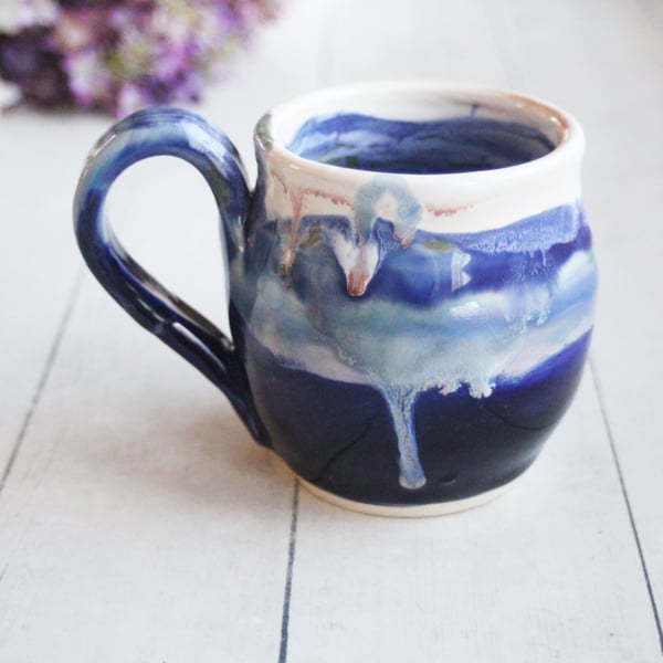 Image of Stoneware Mug in Dripping Blue and White Glazes, 13 oz. Handmade Pottery Coffee Cup, Made in USA