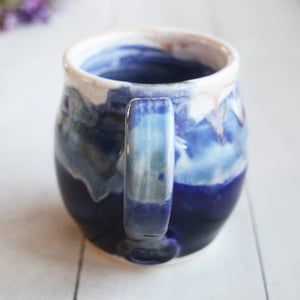 Image of Stoneware Mug in Dripping Blue and White Glazes, 13 oz. Handmade Pottery Coffee Cup, Made in USA