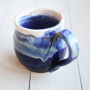 Image of Stoneware Mug in Dripping Blue and White Glazes, 13 oz. Handmade Pottery Coffee Cup, Made in USA