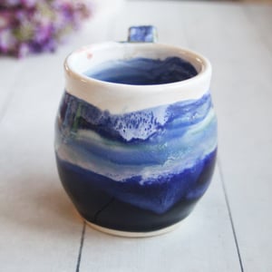 Image of Stoneware Mug in Dripping Blue and White Glazes, 13 oz. Handmade Pottery Coffee Cup, Made in USA