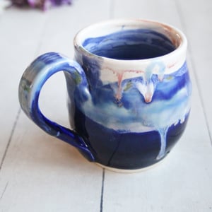 Image of Stoneware Mug in Dripping Blue and White Glazes, 13 oz. Handmade Pottery Coffee Cup, Made in USA