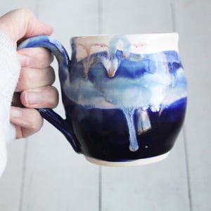 Image of Stoneware Mug in Dripping Blue and White Glazes, 13 oz. Handmade Pottery Coffee Cup, Made in USA