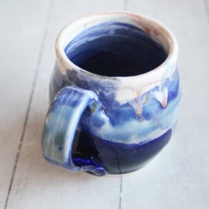 Image of Stoneware Mug in Dripping Blue and White Glazes, 13 oz. Handmade Pottery Coffee Cup, Made in USA