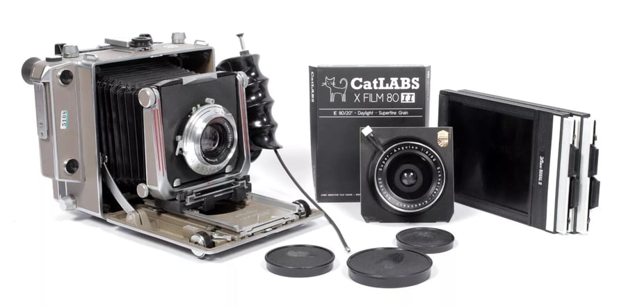 Image of Linhof Technika IV 4X5 camera w/ 150mm + 90mm Lenses + grip + film + holders #5108