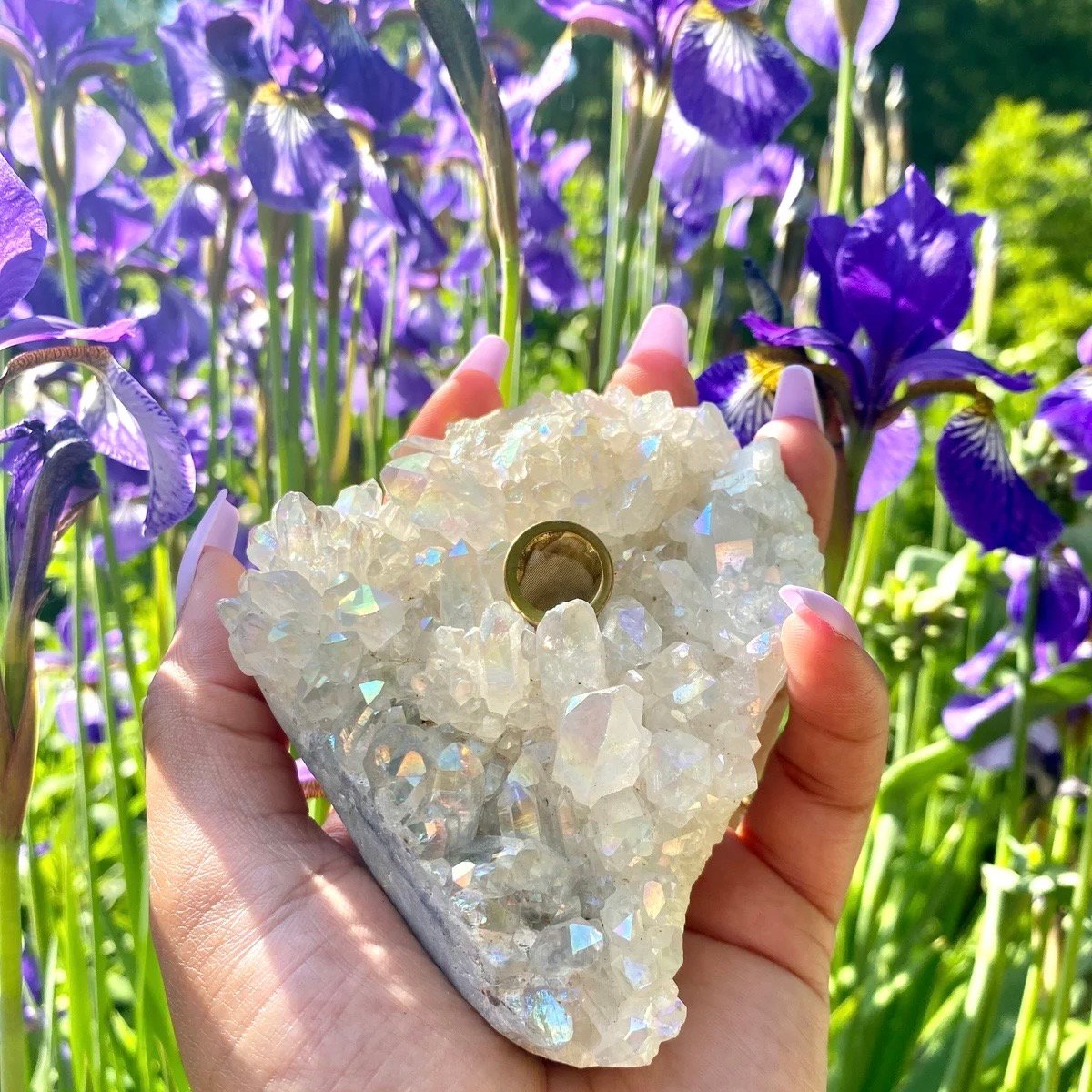 Image of White Angel Aura Quartz Cluster Gemstone Smoking Hand Pipe
