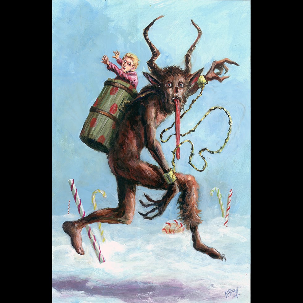 Image of “Krampus leaps home” original acrylic painting