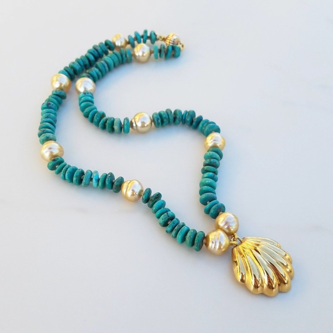 Vintage Gold Shell, Turquoise, & Gold Pearl Necklace