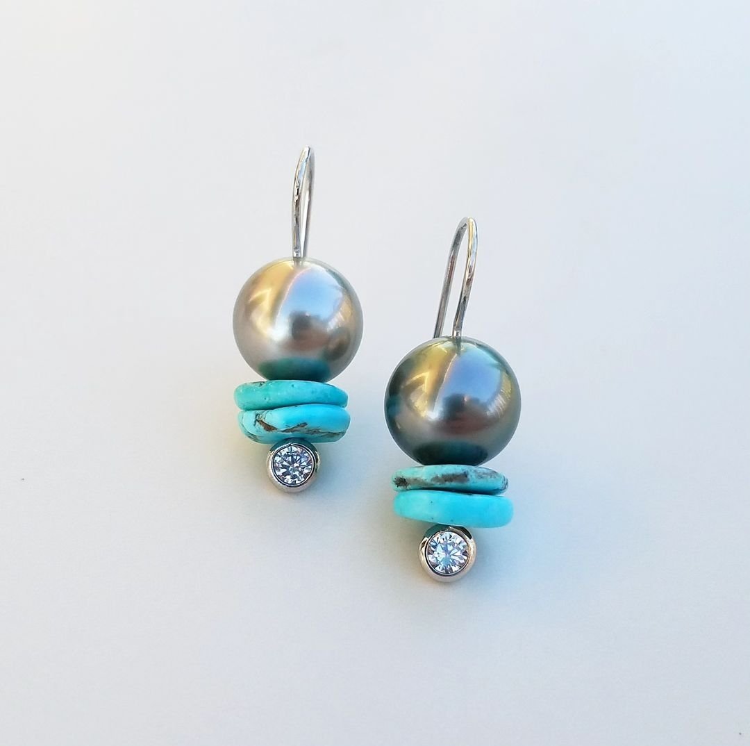 Tahitian Pearl & double Turquoise Earrings 