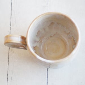 Image of Rustic White and Ocher Stoneware Mug with Dripping Glazes, 14 Ounce Coffee Cup, Made in USA