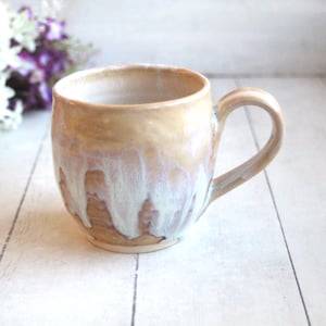 Image of Rustic White and Ocher Stoneware Mug with Dripping Glazes, 14 Ounce Coffee Cup, Made in USA