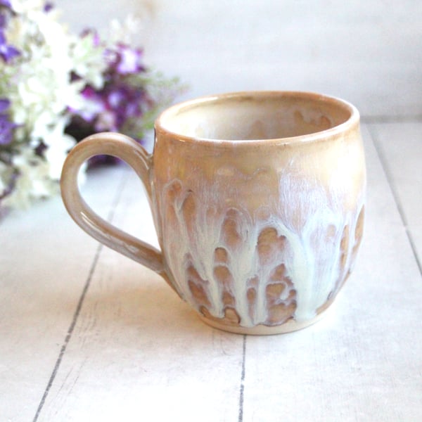 Image of Rustic White and Ocher Stoneware Mug with Dripping Glazes, 14 Ounce Coffee Cup, Made in USA