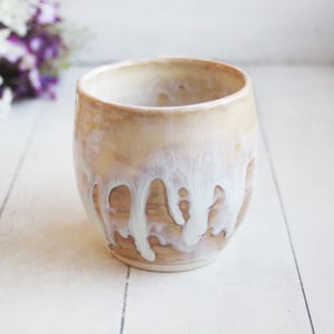 Image of Rustic White and Ocher Stoneware Mug with Dripping Glazes, 14 Ounce Coffee Cup, Made in USA