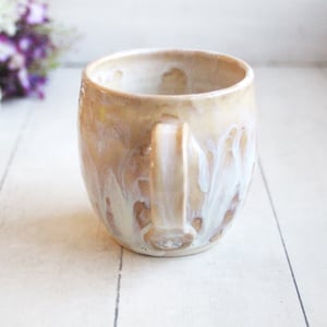 Image of Rustic White and Ocher Stoneware Mug with Dripping Glazes, 14 Ounce Coffee Cup, Made in USA