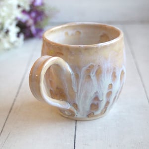 Image of Rustic White and Ocher Stoneware Mug with Dripping Glazes, 14 Ounce Coffee Cup, Made in USA