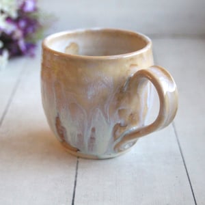 Image of Rustic White and Ocher Stoneware Mug with Dripping Glazes, 14 Ounce Coffee Cup, Made in USA