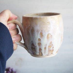 Image of Rustic White and Ocher Stoneware Mug with Dripping Glazes, 14 Ounce Coffee Cup, Made in USA