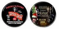 FLECKY FLICKS DOUBLE BADGE SET…FLECKY FLICKS & NIGHTMARE BEFORE CHRISTMAS BADGE SET… FREE P&P