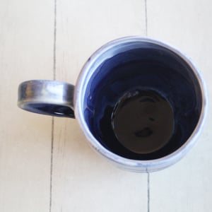 Image of Handcrafted Pottery Mug in Dripping Blue Glazes, 12 Ounce Gorgeous Artful Mug, Made in USA