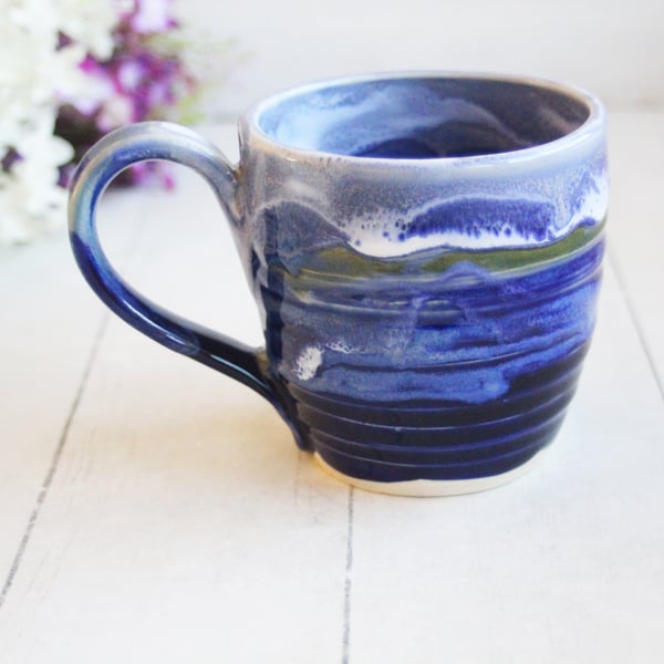 Image of Handcrafted Pottery Mug in Dripping Blue Glazes, 12 Ounce Gorgeous Artful Mug, Made in USA