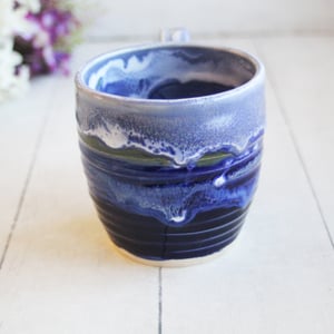 Image of Handcrafted Pottery Mug in Dripping Blue Glazes, 12 Ounce Gorgeous Artful Mug, Made in USA