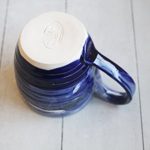 Image of Handcrafted Pottery Mug in Dripping Blue Glazes, 12 Ounce Gorgeous Artful Mug, Made in USA