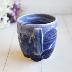 Image of Handcrafted Pottery Mug in Dripping Blue Glazes, 12 Ounce Gorgeous Artful Mug, Made in USA