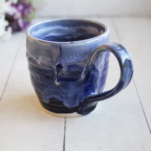 Image of Handcrafted Pottery Mug in Dripping Blue Glazes, 12 Ounce Gorgeous Artful Mug, Made in USA