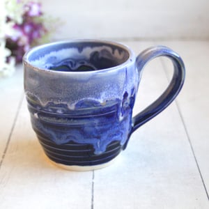 Image of Handcrafted Pottery Mug in Dripping Blue Glazes, 12 Ounce Gorgeous Artful Mug, Made in USA