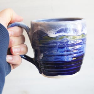 Image of Handcrafted Pottery Mug in Dripping Blue Glazes, 12 Ounce Gorgeous Artful Mug, Made in USA