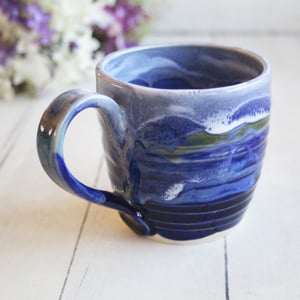 Image of Handcrafted Pottery Mug in Dripping Blue Glazes, 12 Ounce Gorgeous Artful Mug, Made in USA