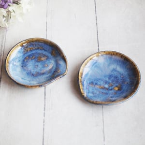 Image of Small Spoon Rest in Swirly Blue Glaze, Ceramic Coffee Station Spoon Dish, Made in USA