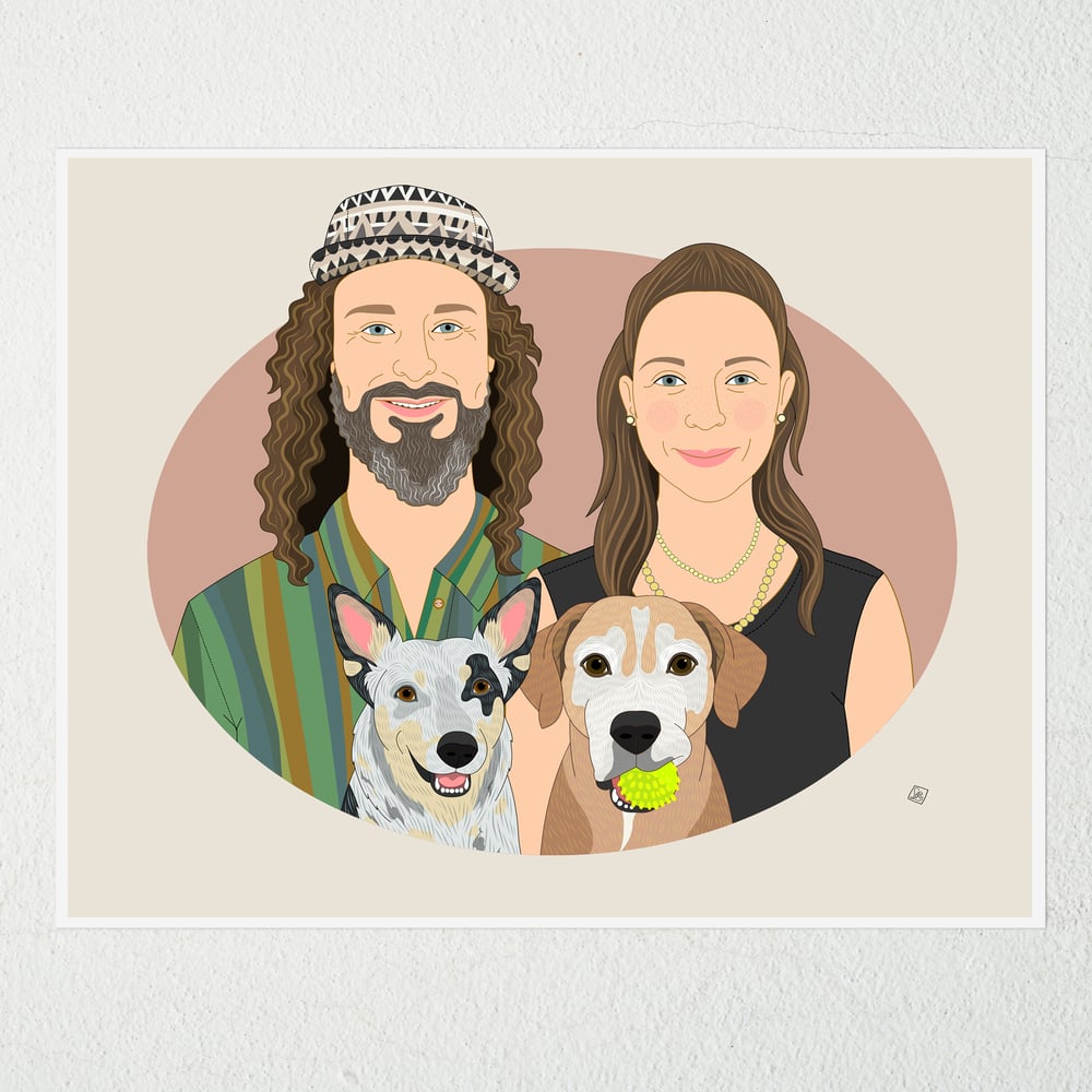 Image of Couple portrait with 2 dogs or cats