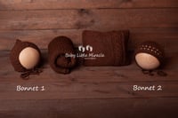 Image 2 of Knitted pillow wrap and bonnets set brown