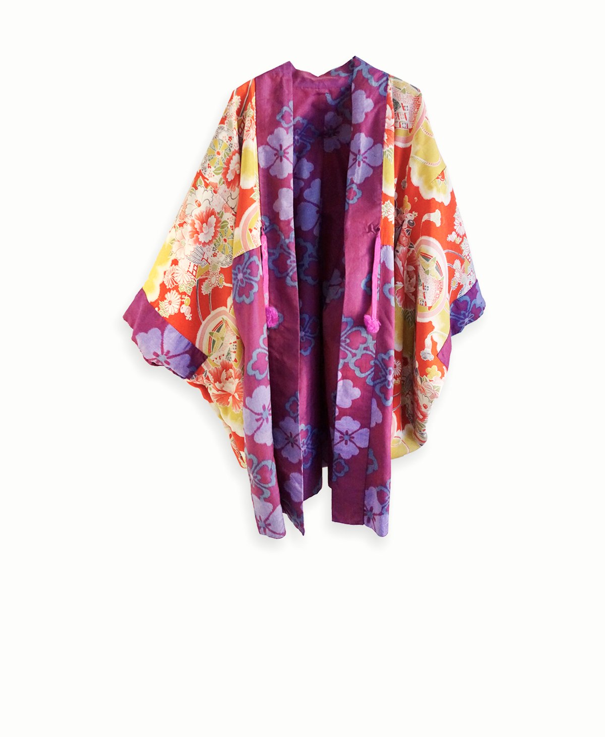 Image of Kort kimono dame af 2 mønstret silke m. blomster og bånd - vendbar