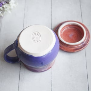 Image of Colorful Mug with Warming Lid, Shades of Purple Pottery Mug, Made in USA