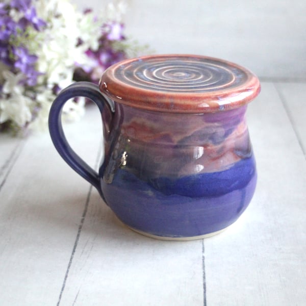 Image of Colorful Mug with Warming Lid, Shades of Purple Pottery Mug, Made in USA