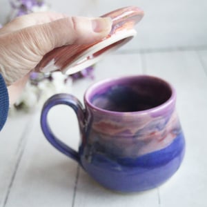 Image of Colorful Mug with Warming Lid, Shades of Purple Pottery Mug, Made in USA